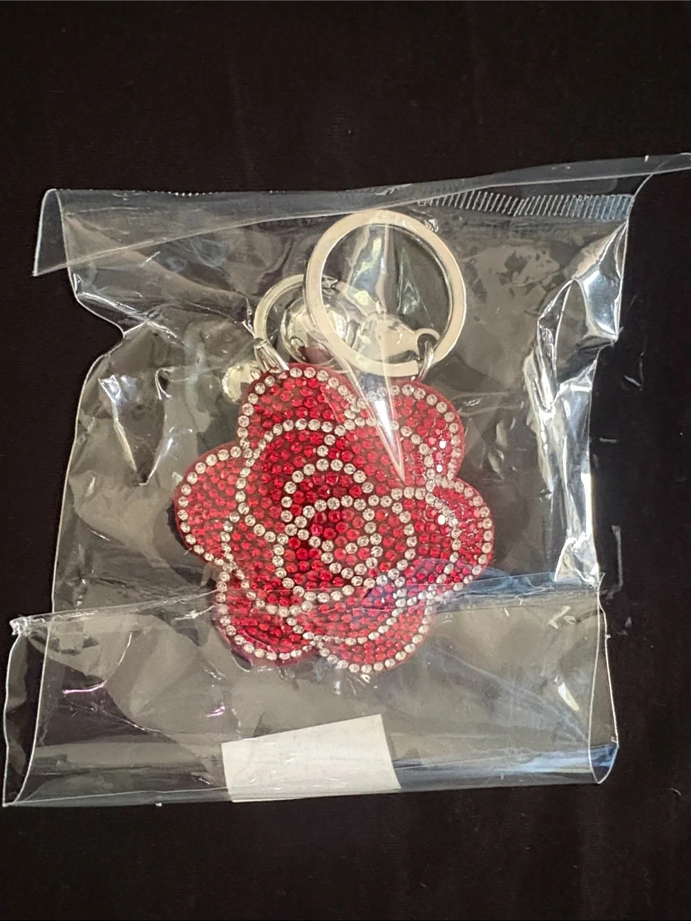 Red Rhinestone Puffy Flower Keychain Bag Charm with Silver Hardware